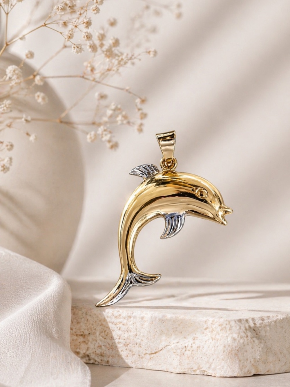 SOLD.  14K Two-Tone Gold Jumping Dolphin Necklace Charm